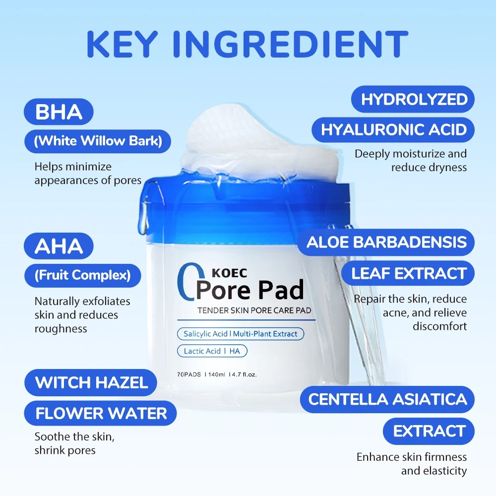 KOEC Salicylic Acid Cleansing Pad, Tender Facial Toner Pad for Exfoliation and Pore Care,Daily Skincare Face Cleanser Wholesale