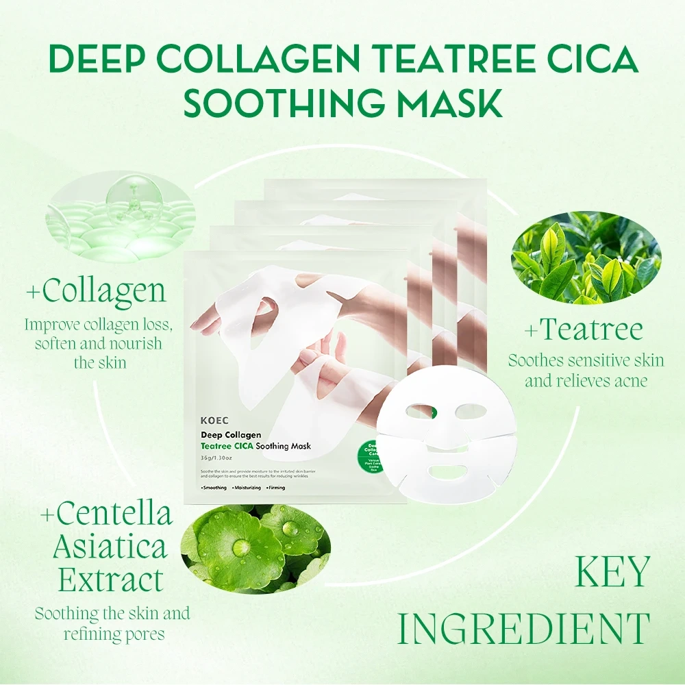 KOEC Deep Collagen CICA Teatree Soothing Mask AntiWrinkle Sheet Mask Collagen Ifting Firming Moisturizing Accept OEM Wholesale