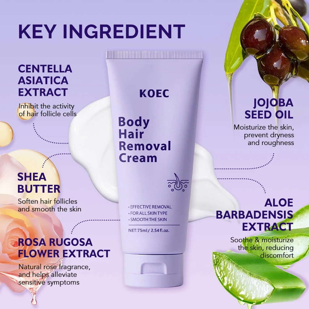 KOEC Body Hair Removal Cream 75g Wholesale, Herbal Formula High Quality Hair Removal Lotion for Painless & Effective Remove
