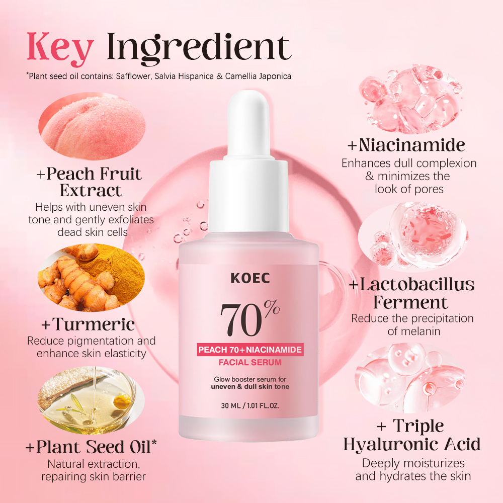 OEM Peach 70% Niacinamide Serum 30ml Natural Brightening Hydrating Face Serum Skin Bright Dull Minimize Pores  Private Label