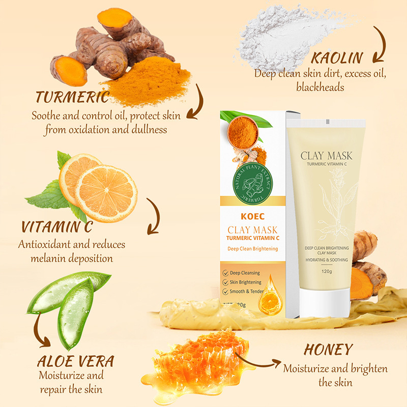 Turmeric&VC Clay Mask with Brush for Face Pore Deep Cleaning Brightening Mud Mask Wholesale Blackhead Removal Mask 120g
