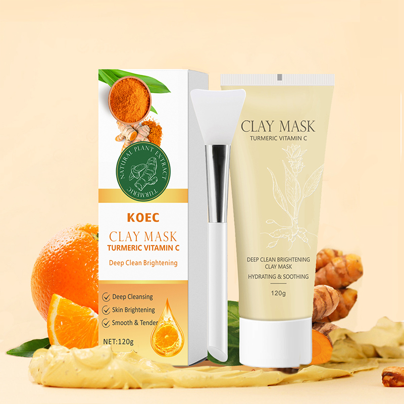 Turmeric&VC Clay Mask with Brush for Face Pore Deep Cleaning Brightening Mud Mask Wholesale Blackhead Removal Mask 120g