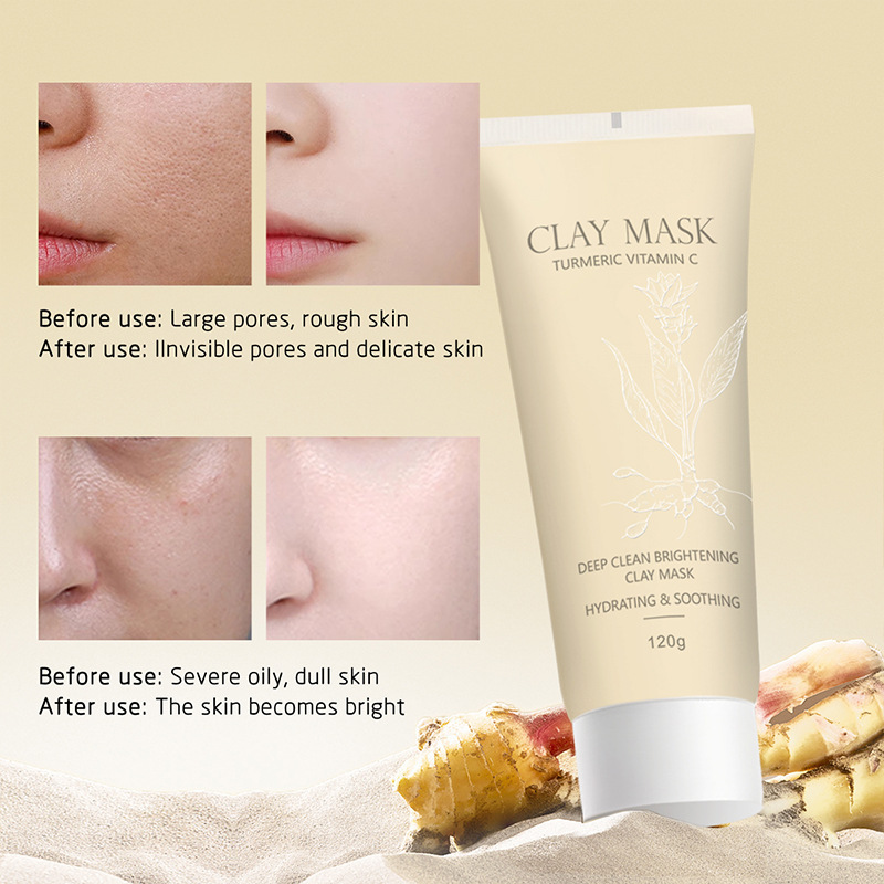 Turmeric&VC Clay Mask with Brush for Face Pore Deep Cleaning Brightening Mud Mask Wholesale Blackhead Removal Mask 120g