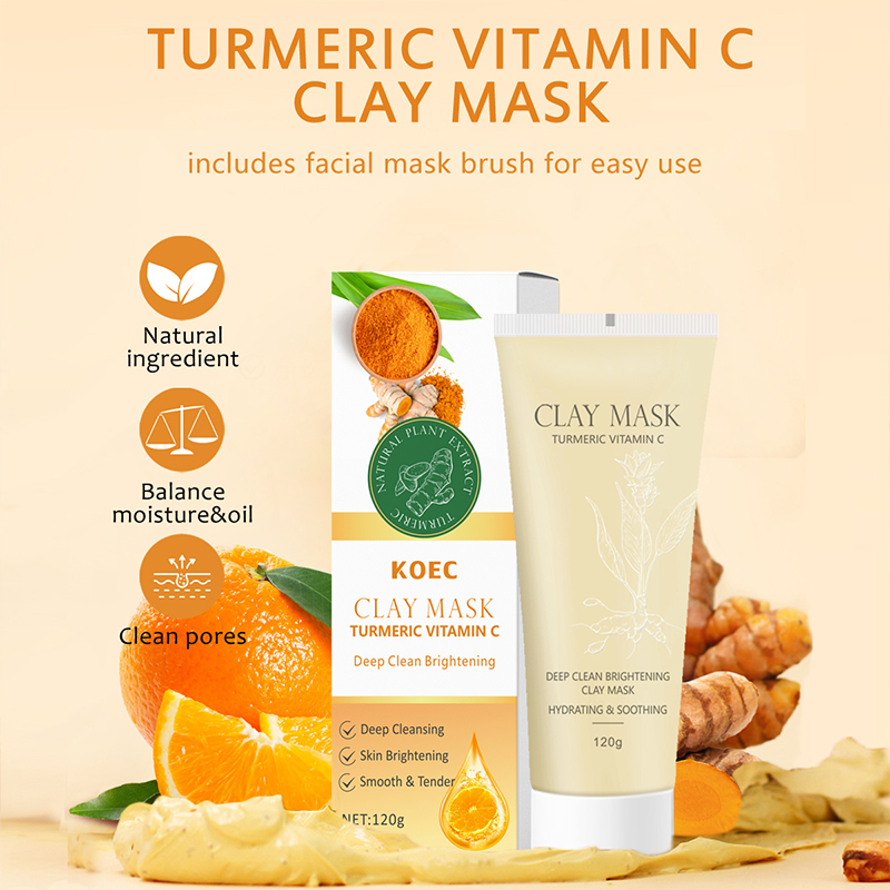Turmeric&VC Clay Mask with Brush for Face Pore Deep Cleaning Brightening Mud Mask Wholesale Blackhead Removal Mask 120g
