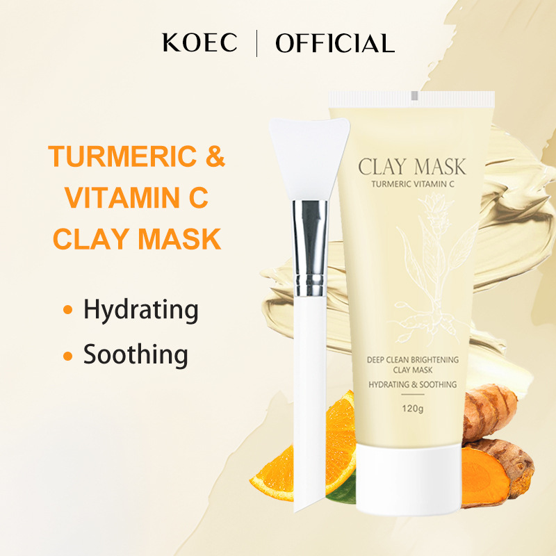 Turmeric&VC Clay Mask with Brush for Face Pore Deep Cleaning Brightening Mud Mask Wholesale Blackhead Removal Mask 120g