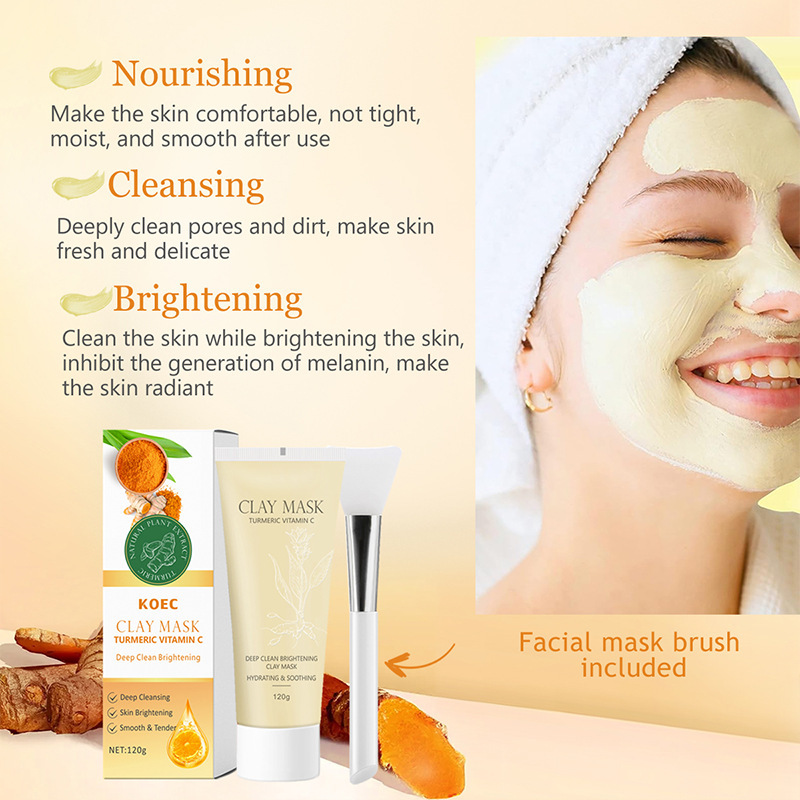 Turmeric&VC Clay Mask with Brush for Face Pore Deep Cleaning Brightening Mud Mask Wholesale Blackhead Removal Mask 120g