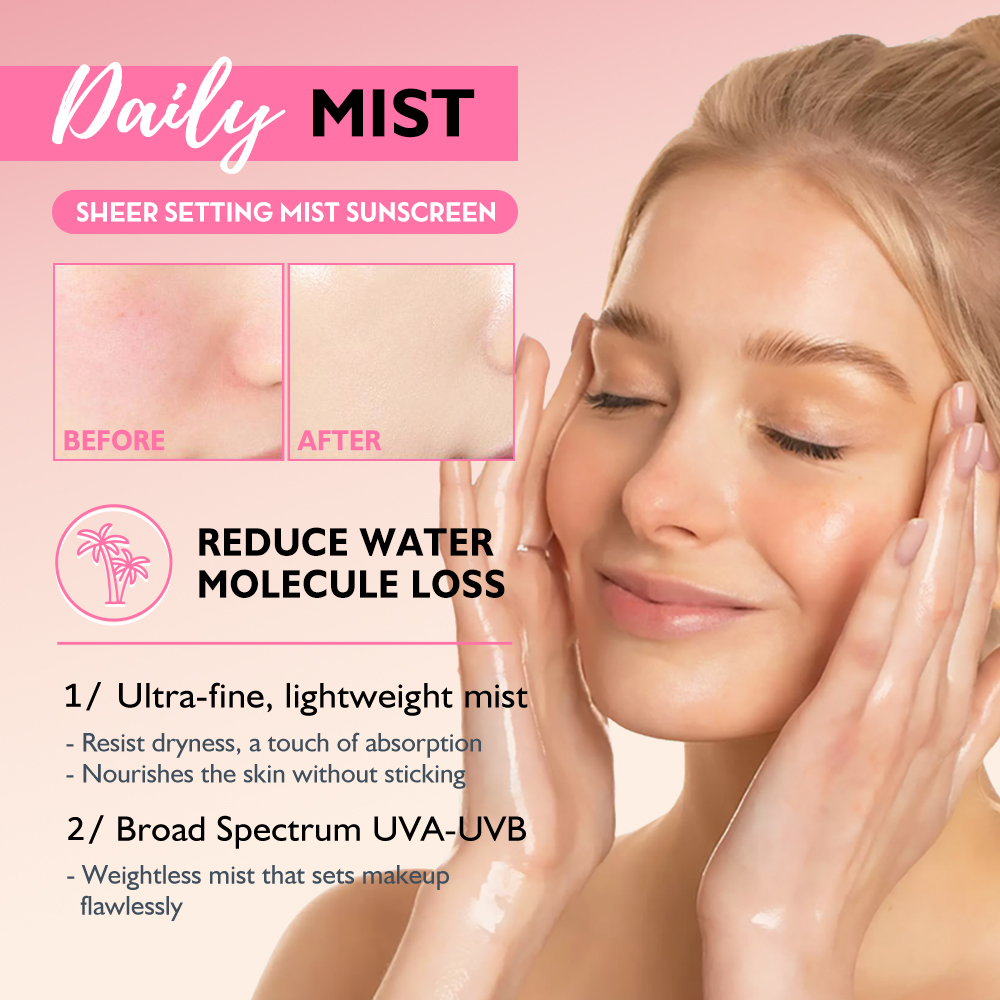 Sheer Setting Mist Sunscreen SPF 50 Broad Spectrum Shimmering Body Mist Hydrating Glow for Face Body Non-Greasy & Fast-Absorbing