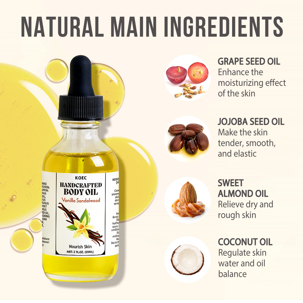 Handcrafted Vanilla Sandalwood KOEC Body Oil for Smooth Skin Moisturizer Fragrance Body Care Massage Oil OEMODM Tiktok Hot Sale