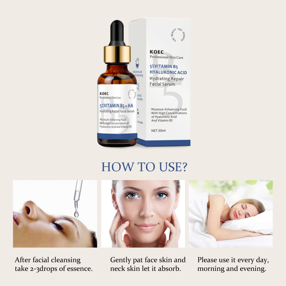 KOEC Vitamin B5&Hyaluronic Acid Moisture Facial Serum 30ml Hydrating Repair Skin Care Serum