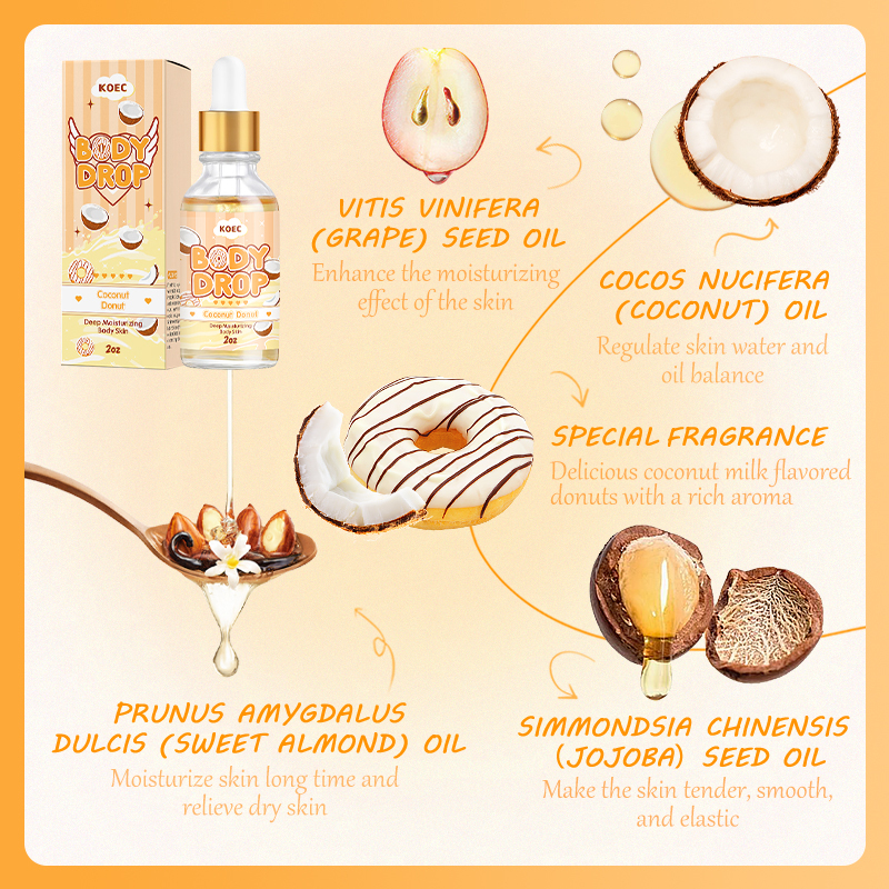 Body Drop KOEC Coconut Donut Body Oil Wholesale Moisturizing Natural Scent Essential Oil for Face&Body Nourishing Donut OEM