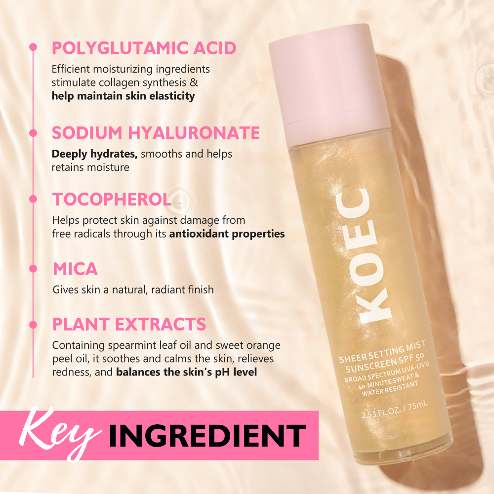 Sheer Setting Mist Sunscreen SPF 50 Broad Spectrum Shimmering Body Mist Hydrating Glow for Face Body Non-Greasy & Fast-Absorbing