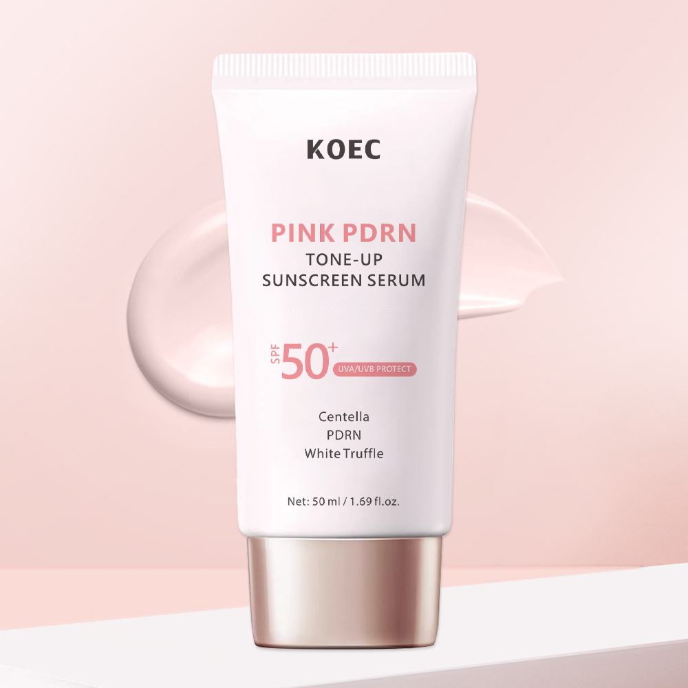 KOEC Pink PDRN Tone-Up Sunscreen Serum SPF50+, Centella White Truffle Broad Spectrum UVA UVB Protection Lightweight Makeup Base Sun Cream