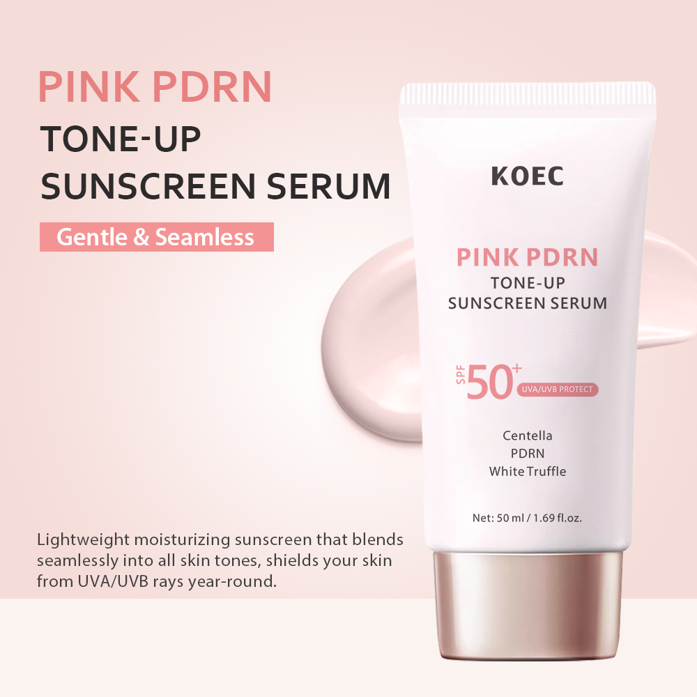 KOEC Pink PDRN Tone-Up Sunscreen Serum SPF50+, Centella White Truffle Broad Spectrum UVA UVB Protection Lightweight Makeup Base Sun Cream