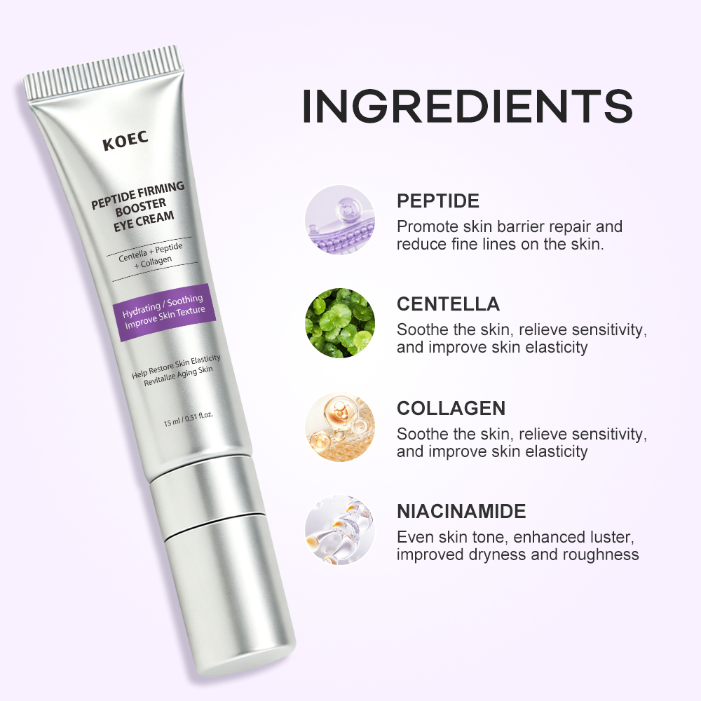 KOEC Peptide Firming Booster Eye Cream with Automatic Vibrating Metal Massage Applicator, Centella Collagen Niacinamide Anti-Aging Eye Treatment, Reduces Puffiness, Dark Circles, Fine Lines & Under Eye Bags, Hydrating Soothing Korean Skin Care, 15ml / 0.5