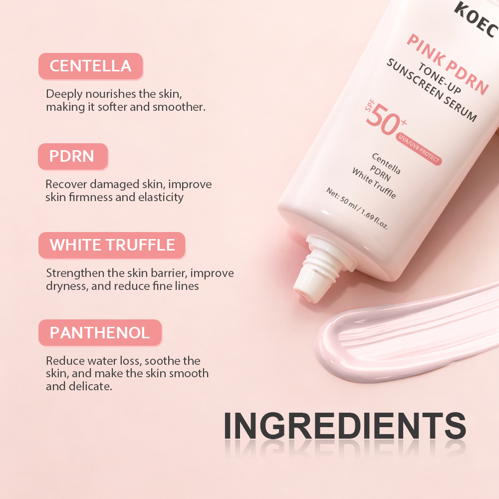 KOEC Pink PDRN Tone-Up Sunscreen Serum SPF50+, Centella White Truffle Broad Spectrum UVA UVB Protection Lightweight Makeup Base Sun Cream