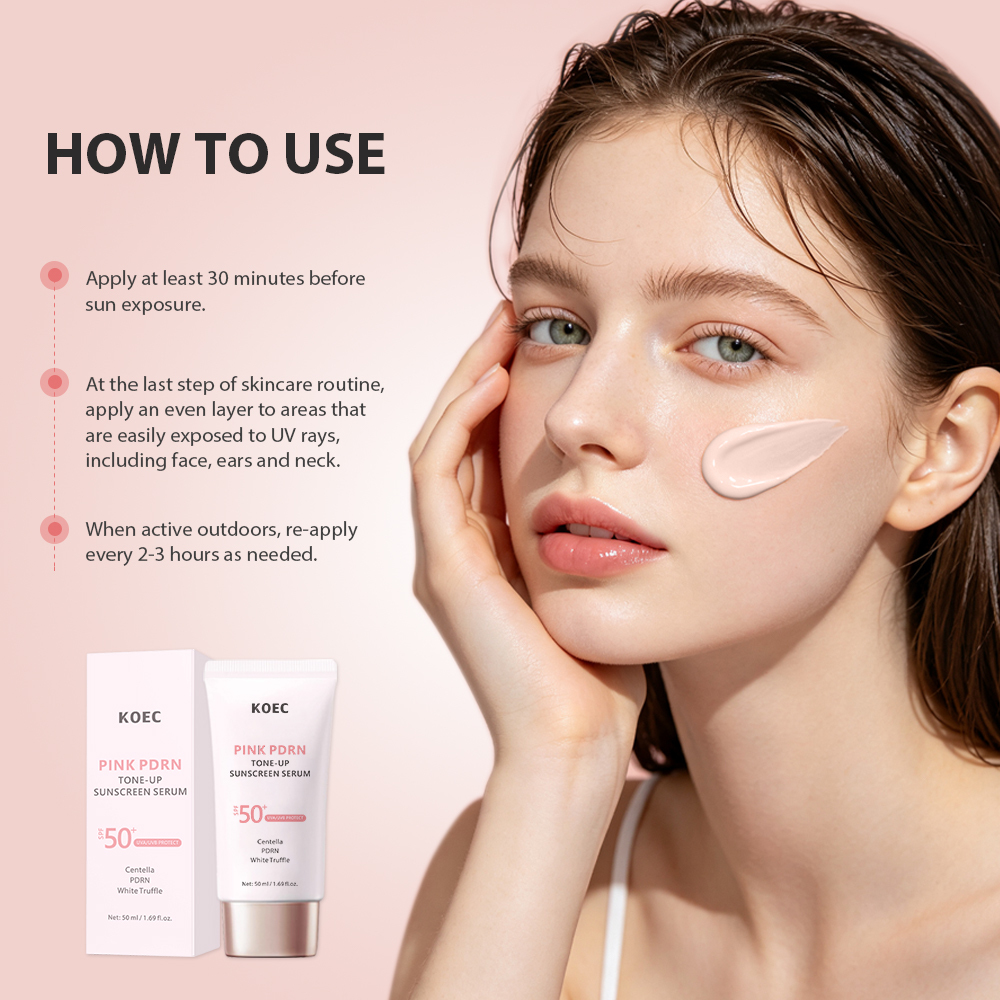 KOEC Pink PDRN Tone-Up Sunscreen Serum SPF50+, Centella White Truffle Broad Spectrum UVA UVB Protection Lightweight Makeup Base Sun Cream