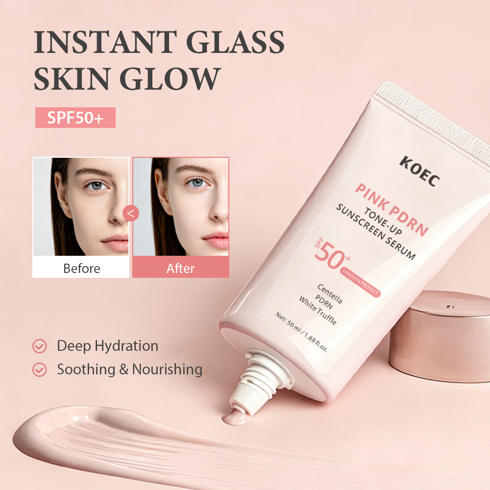 KOEC Pink PDRN Tone-Up Sunscreen Serum SPF50+, Centella White Truffle Broad Spectrum UVA UVB Protection Lightweight Makeup Base Sun Cream
