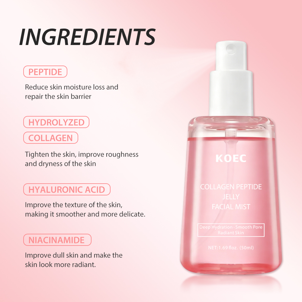 KOEC Collagen Peptide Jelly Facial Mist with Peptide, Hydrolyzed Collagen, Hyaluronic Acid & Niacinamide, Dual-Use Firming Plumping Hydrating Face Spray, Smooth Pores & Brighten Dull Dry Skin, Portable Refreshing Jelly Mist, 50ml / 1.69 fl.oz