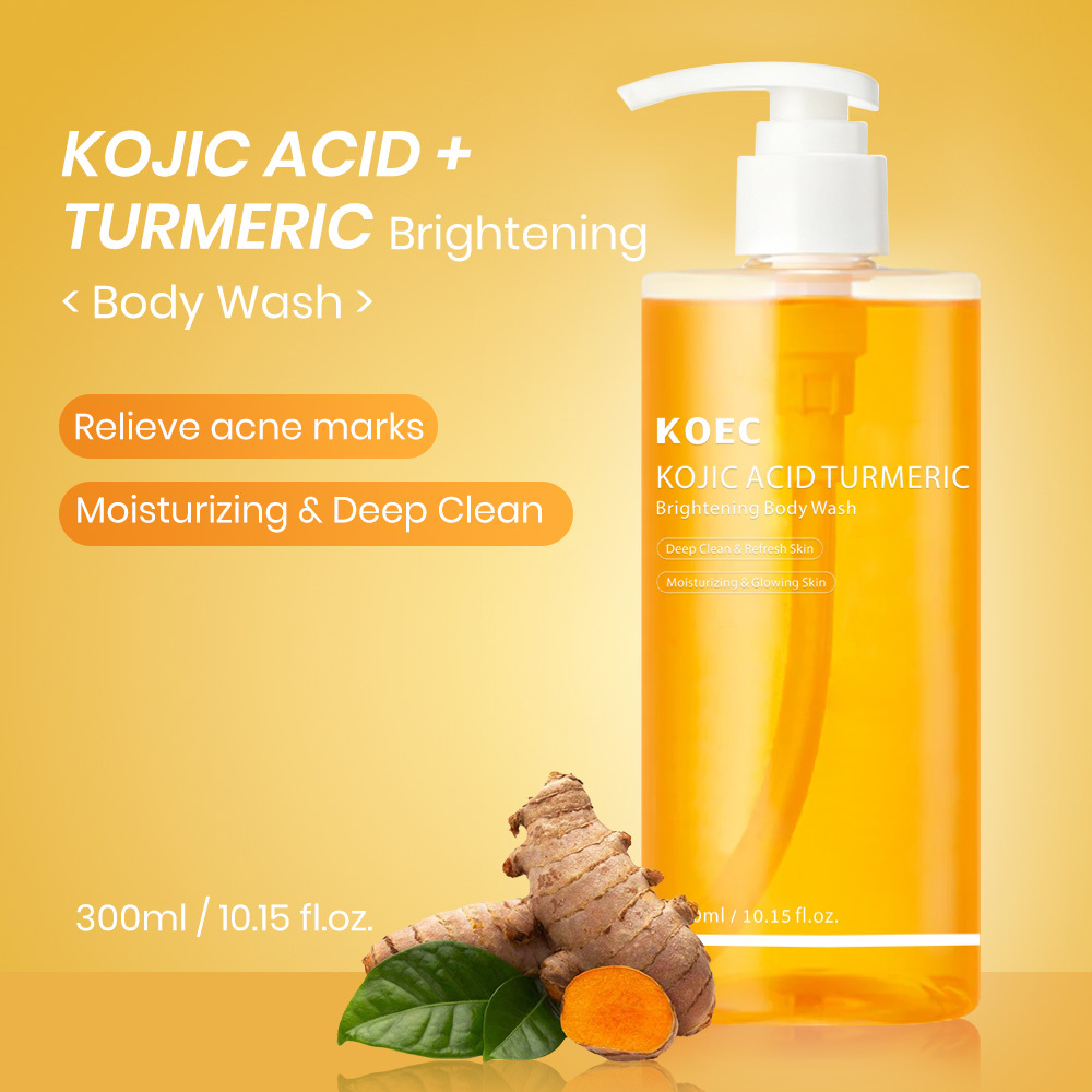 KOEC Kojic Acid Turmeric Brightening Body Wash, Deep Cleansing Moisturizing Shower Gel to Even Body Tone, Fade Dull Dark Spots, Refresh Dry Rough Skin, Glowing Skin Lightening Body Cleanser, 300ml / 10.15 fl.oz
