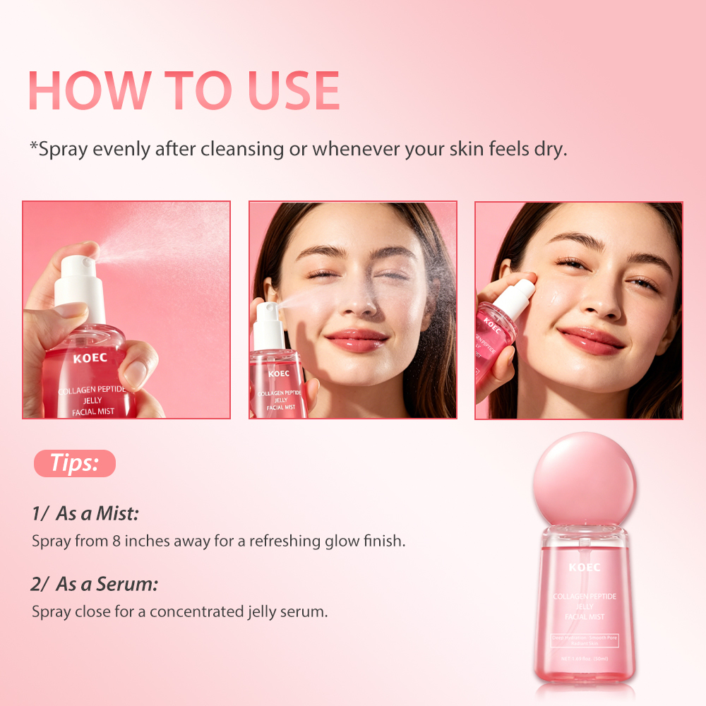 KOEC Collagen Peptide Jelly Facial Mist with Peptide, Hydrolyzed Collagen, Hyaluronic Acid & Niacinamide, Dual-Use Firming Plumping Hydrating Face Spray, Smooth Pores & Brighten Dull Dry Skin, Portable Refreshing Jelly Mist, 50ml / 1.69 fl.oz