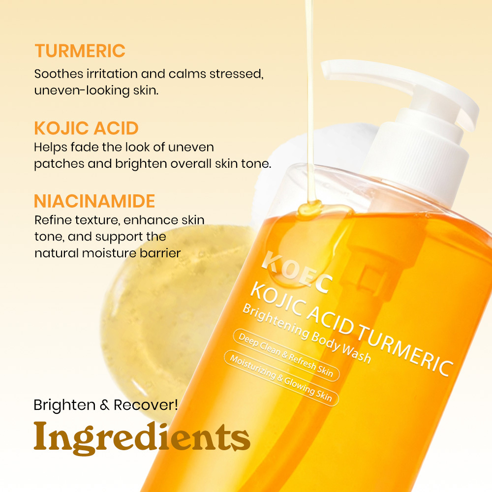 KOEC Kojic Acid Turmeric Brightening Body Wash, Deep Cleansing Moisturizing Shower Gel to Even Body Tone, Fade Dull Dark Spots, Refresh Dry Rough Skin, Glowing Skin Lightening Body Cleanser, 300ml / 10.15 fl.oz