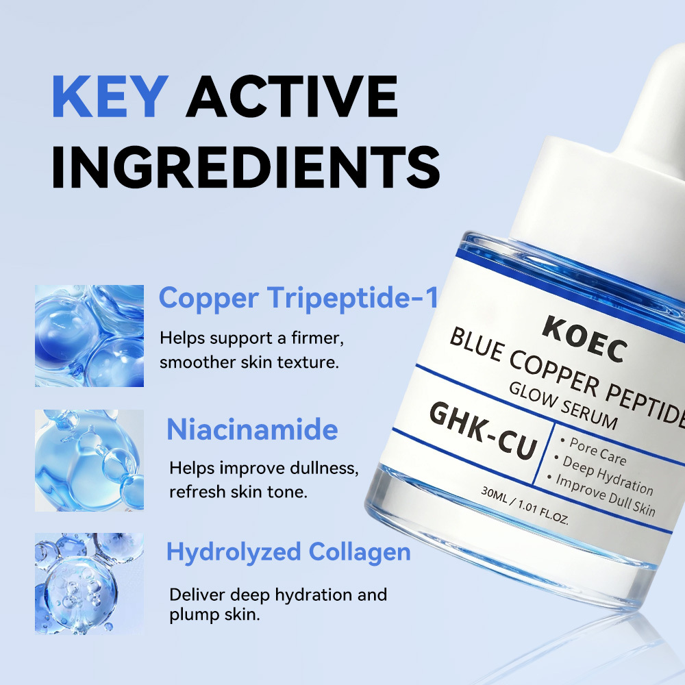 KOEC Blue Copper Peptide GHK-Cu Glow Serum, Deep Hydrating Pore Minimizing Facial Serum to Brighten Dull Complexion, Anti-Aging Repair Skin Care Serum, 30ml / 1.01 fl.oz