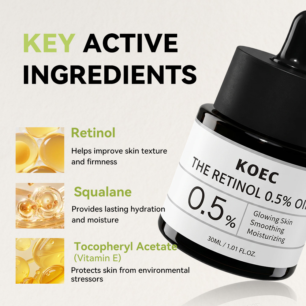 KOEC 0.5% Retinol Facial Oil, Anti-Aging Retinol Serum Oil for Smoothing Fine Lines, Moisturizing & Glowing Skin, Anti-Wrinkle Face Treatment Oil, 30ml / 1.01 fl.oz