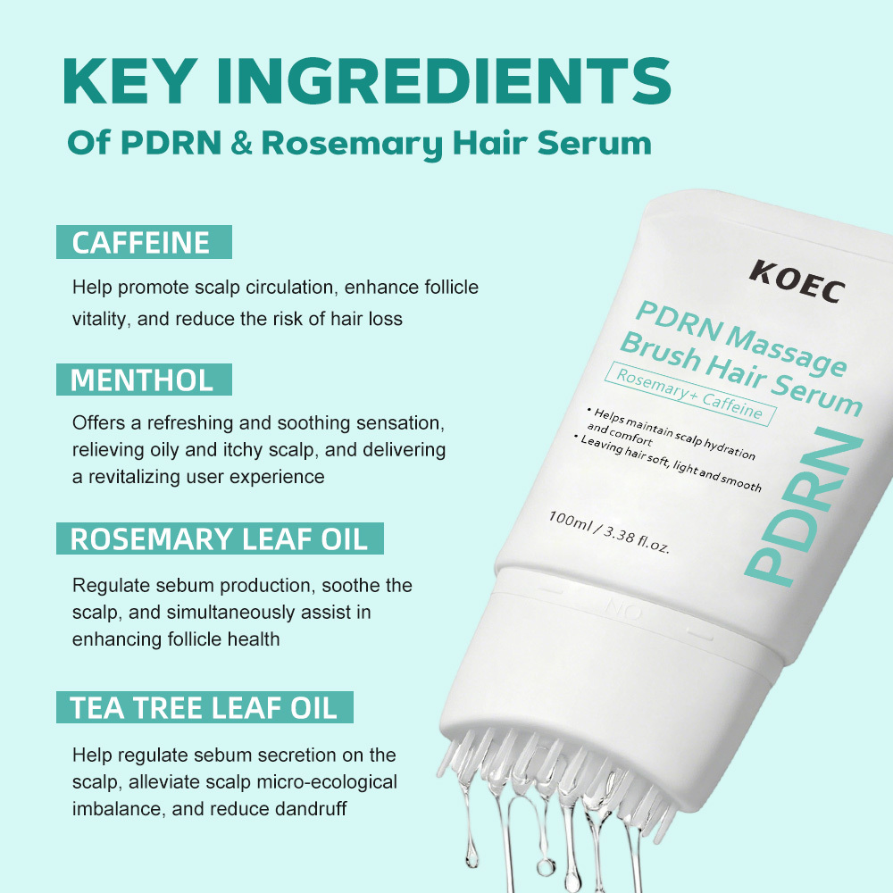 KOEC PDRN Massage Brush Hair Serum with Rosemary & Caffeine, Hydrating Scalp Care Serum to Soothe Dry Scalp, Soften Smooth Lightweight Hair Treatment Serum, 100ml / 3.38 fl.oz