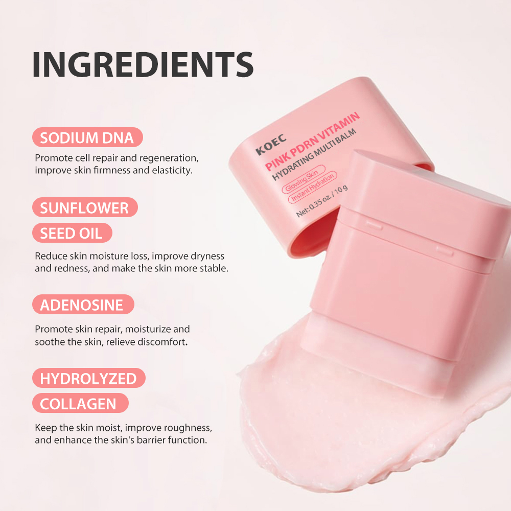 KOEC Pink PDRN Vitamin Hydrating Multi Balm, Instant Hydration Solid Facial Balm Stick to Boost Glowing Skin, Multi-Effect Moisturizing Anti-Dryness Skin Care Balm, 10g / 0.35 oz