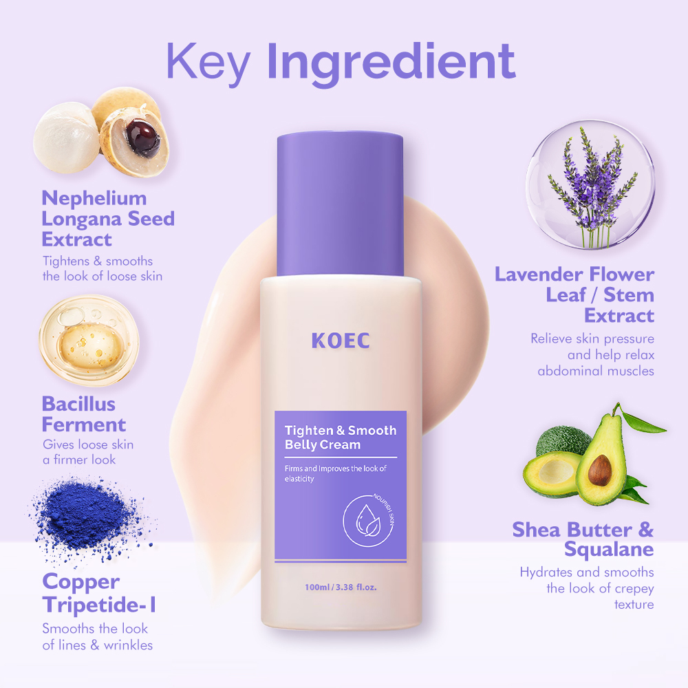 KOEC Tighten & Smooth Belly Cream, Firming Body Contouring Cream to Improve Skin Elasticity, Nourishing Moisturizing Cream for Loose Abdomen Skin, Reduce Stretch Marks & Smooth Rough Belly Skin, 100ml / 3.38 fl.oz