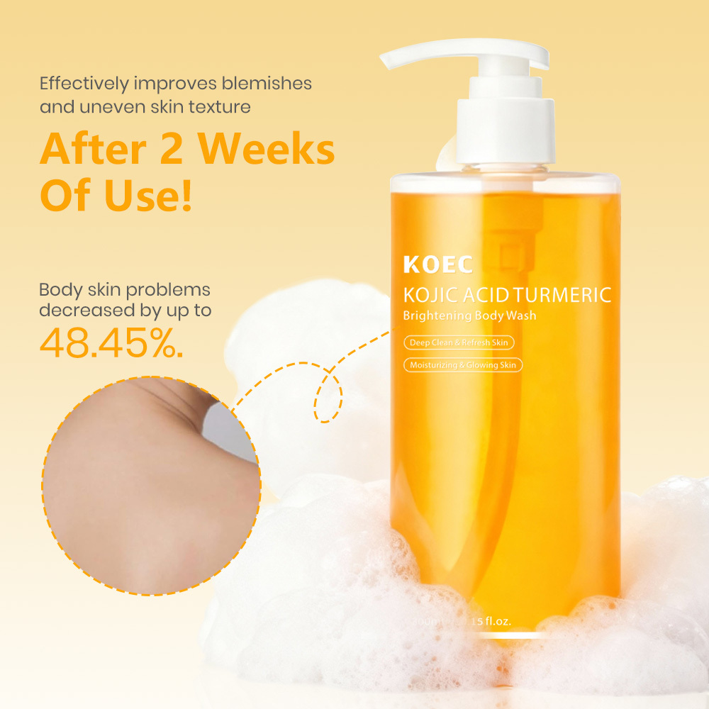 KOEC Kojic Acid Turmeric Brightening Body Wash, Deep Cleansing Moisturizing Shower Gel to Even Body Tone, Fade Dull Dark Spots, Refresh Dry Rough Skin, Glowing Skin Lightening Body Cleanser, 300ml / 10.15 fl.oz