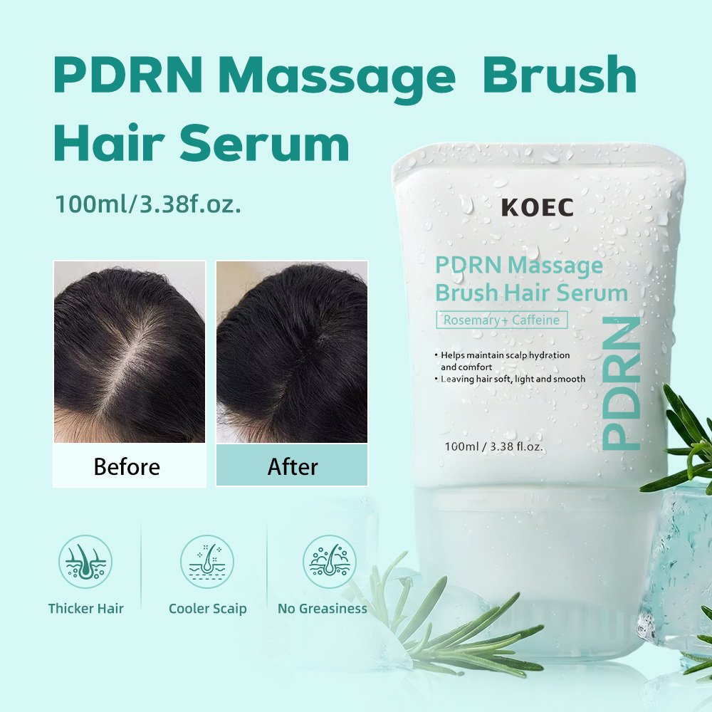 KOEC PDRN Massage Brush Hair Serum with Rosemary & Caffeine, Hydrating Scalp Care Serum to Soothe Dry Scalp, Soften Smooth Lightweight Hair Treatment Serum, 100ml / 3.38 fl.oz