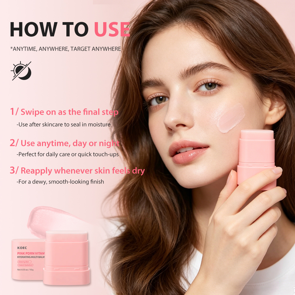KOEC Pink PDRN Vitamin Hydrating Multi Balm, Instant Hydration Solid Facial Balm Stick to Boost Glowing Skin, Multi-Effect Moisturizing Anti-Dryness Skin Care Balm, 10g / 0.35 oz