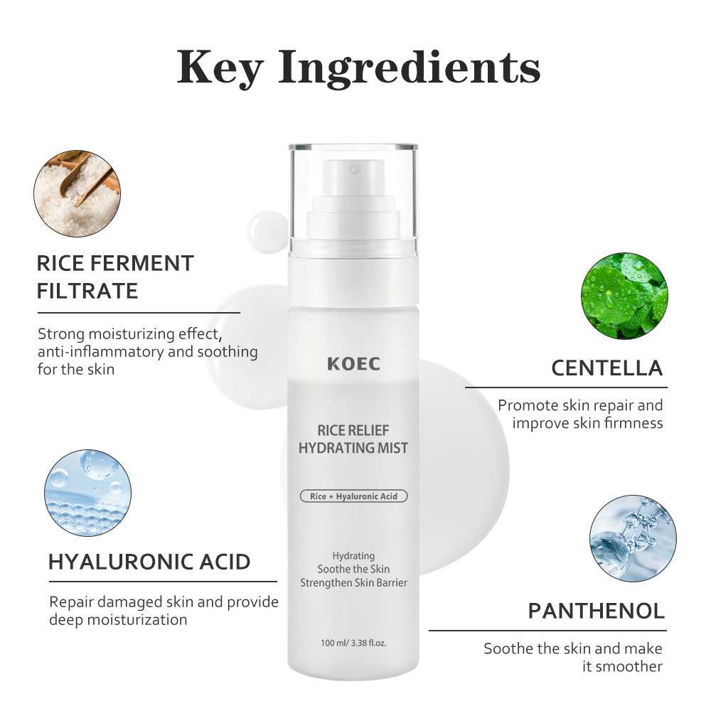 KOEC Rice Relief Hydrating Mist, Rice Ferment Filtrate Facial Spray with Hyaluronic Acid Centella Asiatica Panthenol, Soothing Barrier Repair Refreshing Mist for Sensitive Skin 100ml