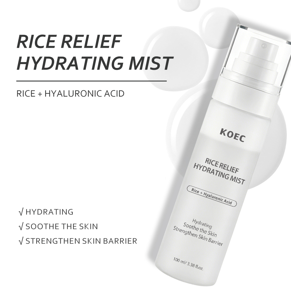 KOEC Rice Relief Hydrating Mist, Rice Ferment Filtrate Facial Spray with Hyaluronic Acid Centella Asiatica Panthenol, Soothing Barrier Repair Refreshing Mist for Sensitive Skin 100ml