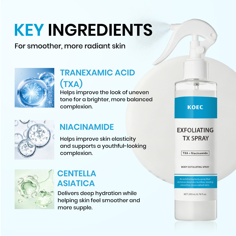 KOEC Exfoliating TX Body Spray | Tranexamic Acid & Niacinamide Brightening Body Peeling Spray, Smooth Rough Chicken Skin, Remove Dead Skin, Even Uneven Body Tone 200ml