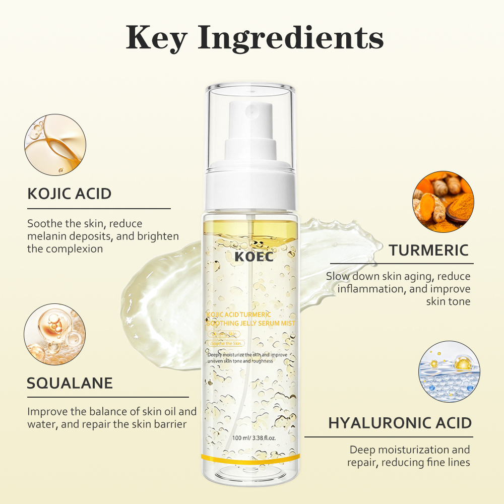 KOEC Kojic Acid Turmeric Soothing Jelly Serum Mist, 2-in-1 Hydrating Facial Spray with Squalane & Hyaluronic Acid, Brightening Calming Face Mist for Glowing, Plump Skin
