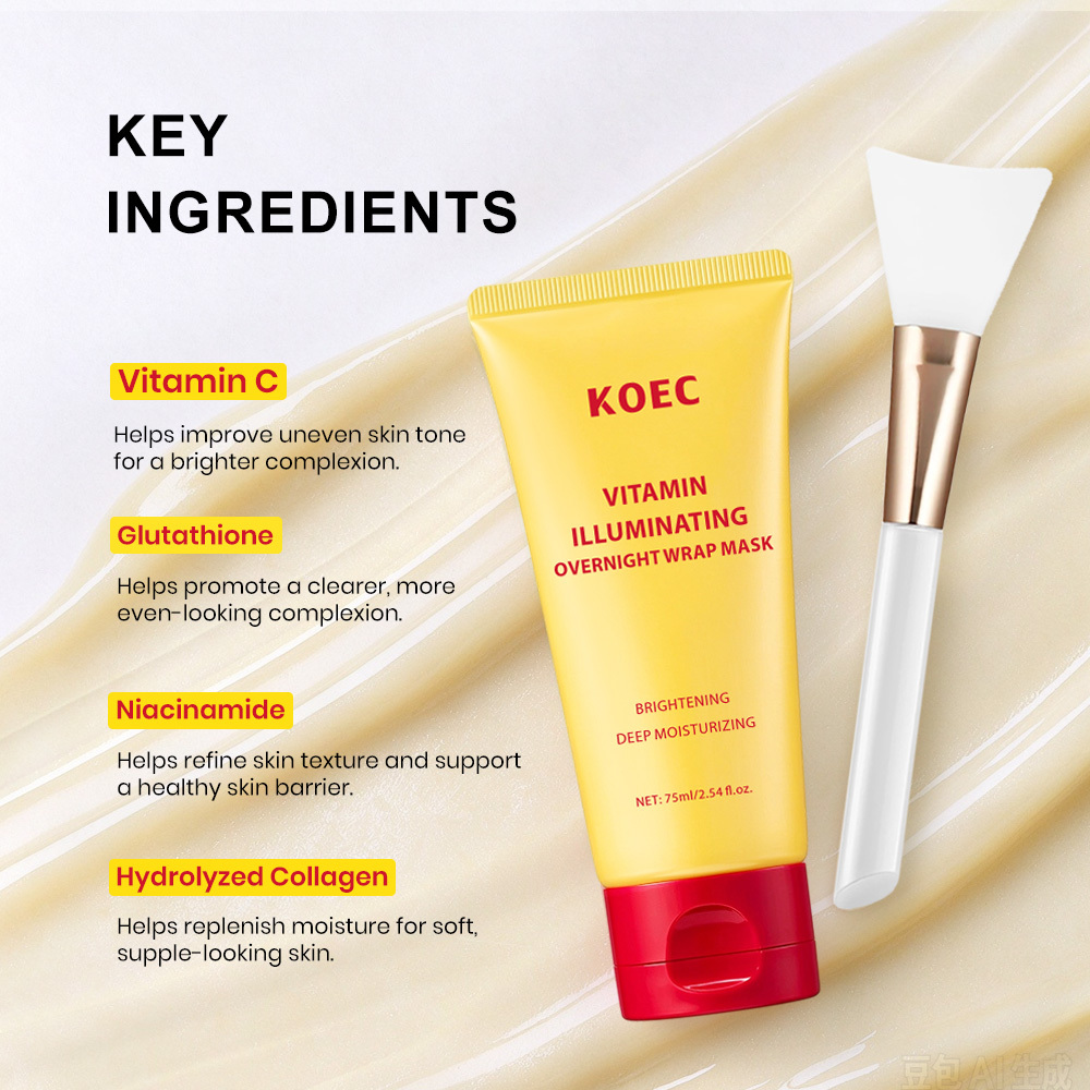 **KOEC Vitamin Illuminating Overnight Wrap Mask** is a nourishing overnight facial mask designed to brighten complexion, refine skin texture, and lock inmoisture while you sleep. Formulated with Vitamin C, Glutathione, Niacinamide, and Hydrolyzed Collage