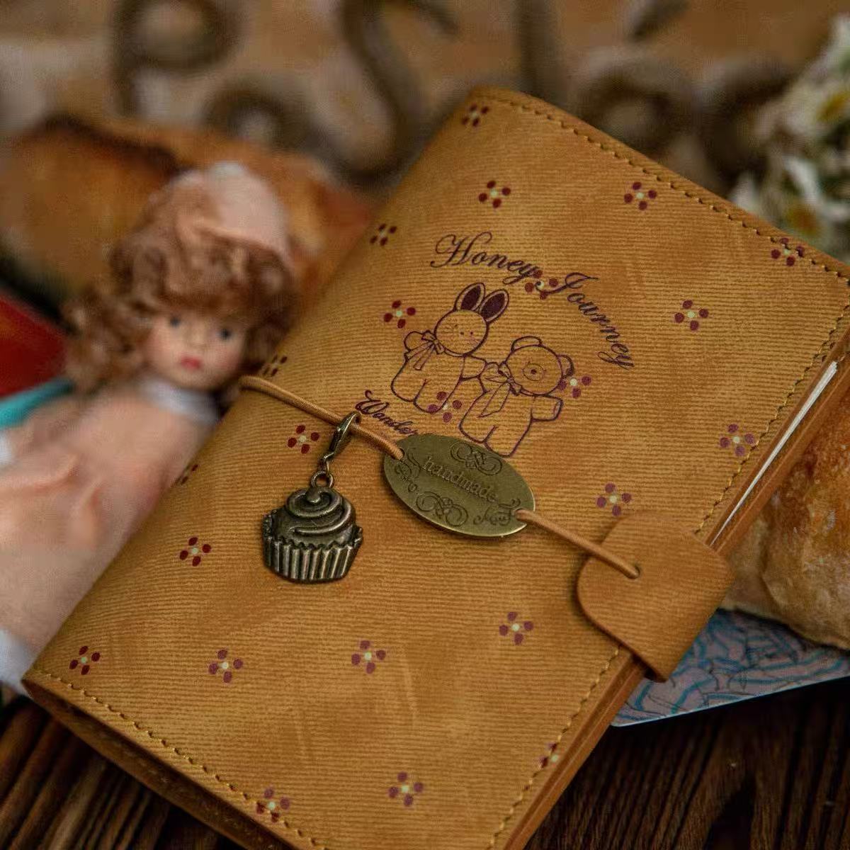Original Retro Fairy Tale M5 Loose-Leaf Travel Notebook, Cookie Yellow Faux Leather Journal with UV Print, Comes with Inserts & Charms, Cute Gift