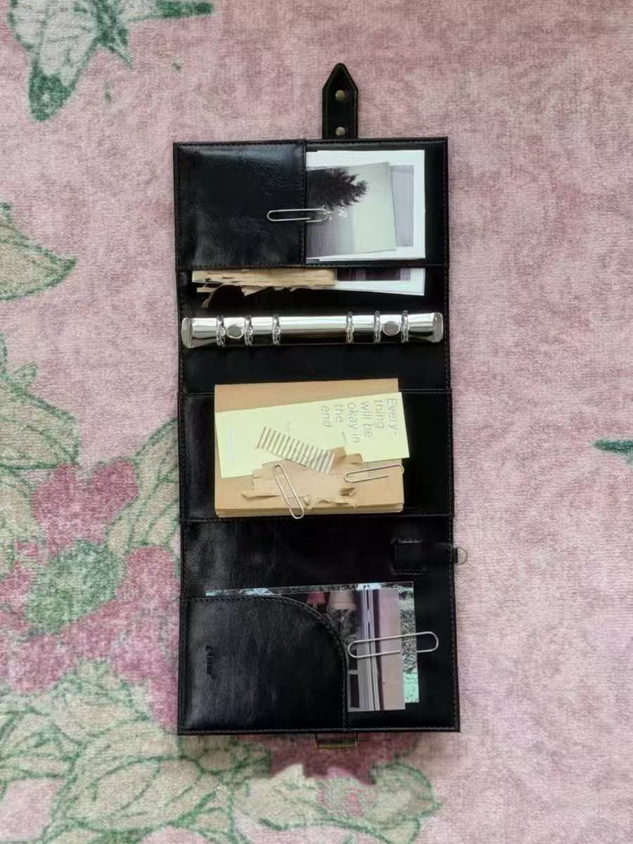 New Black Tri-Fold A6 Leather Journal, High-Aesthetic Detachable Loose-Leaf Notebook for Students