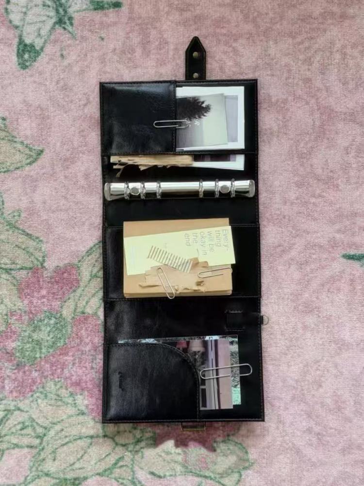 New Black Tri-Fold A6 Leather Journal, High-Aesthetic Detachable Loose-Leaf Notebook for Students