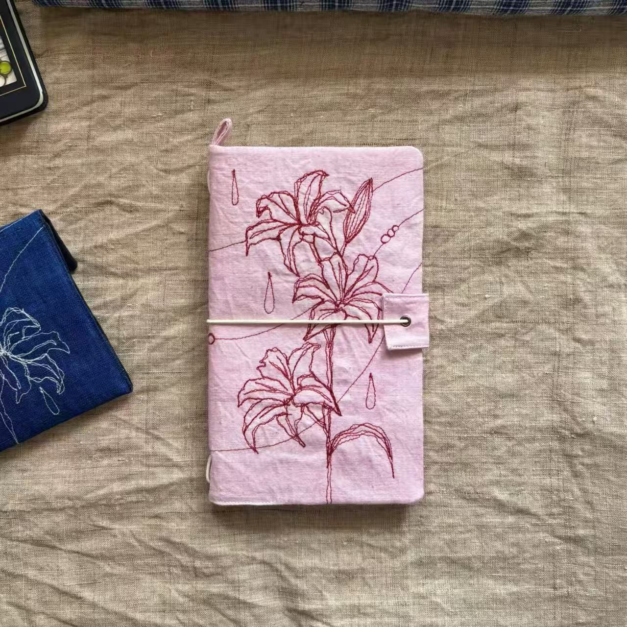 Japanese Handmade Pink Rain Lily Embroidered TN Standard Traveler's Notebook, Aesthetic Ins Style Unique Planner for Stu