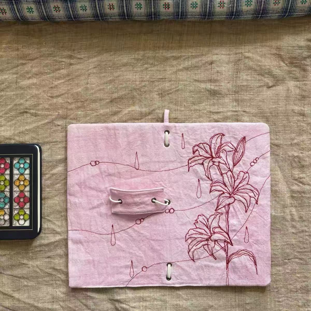 Japanese Handmade Pink Rain Lily Embroidered TN Standard Traveler's Notebook, Aesthetic Ins Style Unique Planner for Stu