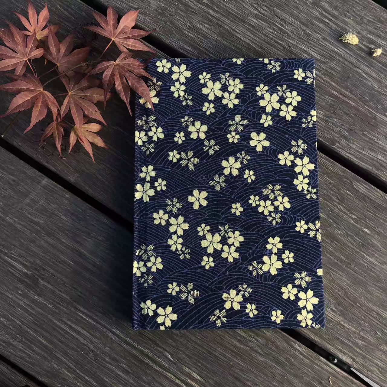 Original Golden Cherry Blossom A5 Fabric Journal, Handmade Japanese Style Notebook with Hot Stamping, Elegant Diary Book, Ideal Gift