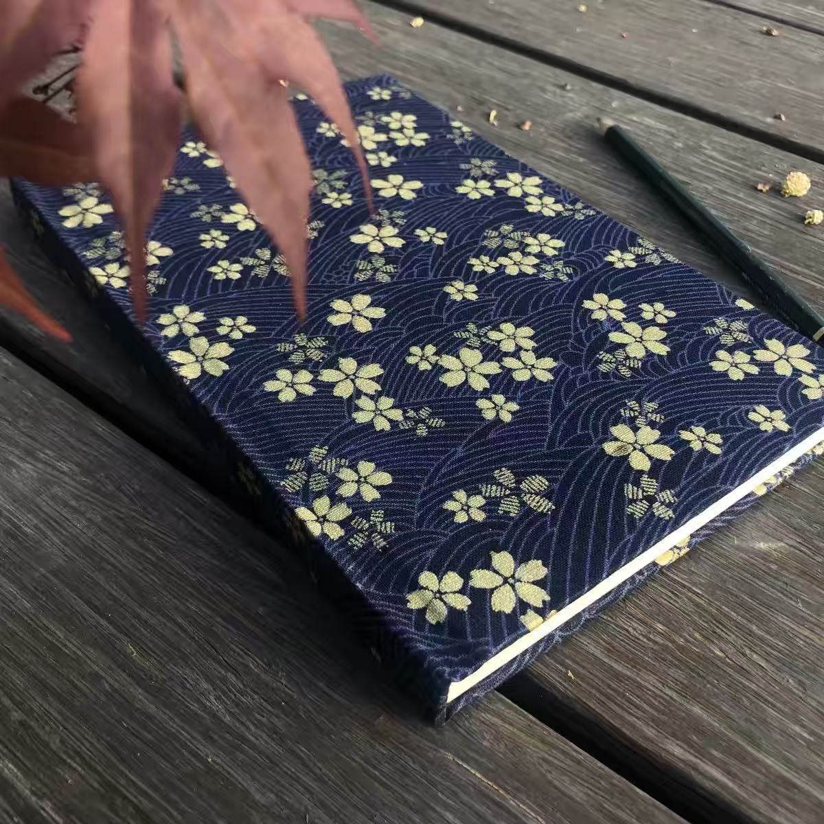 Original Golden Cherry Blossom A5 Fabric Journal, Handmade Japanese Style Notebook with Hot Stamping, Elegant Diary Book, Ideal Gift