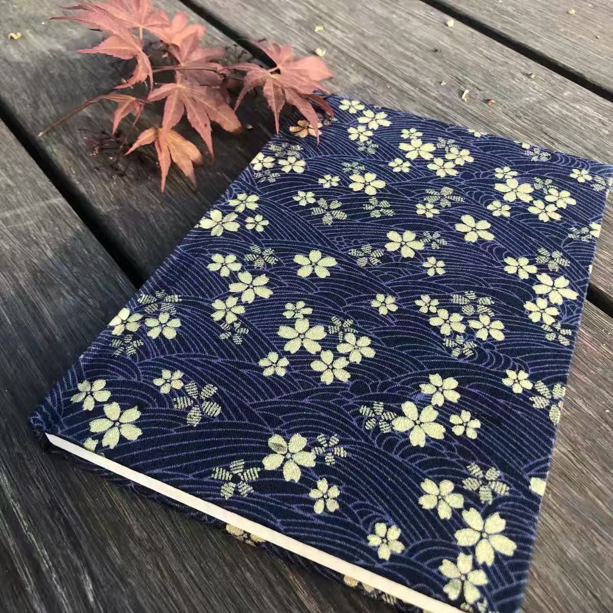 Original Golden Cherry Blossom A5 Fabric Journal, Handmade Japanese Style Notebook with Hot Stamping, Elegant Diary Book, Ideal Gift