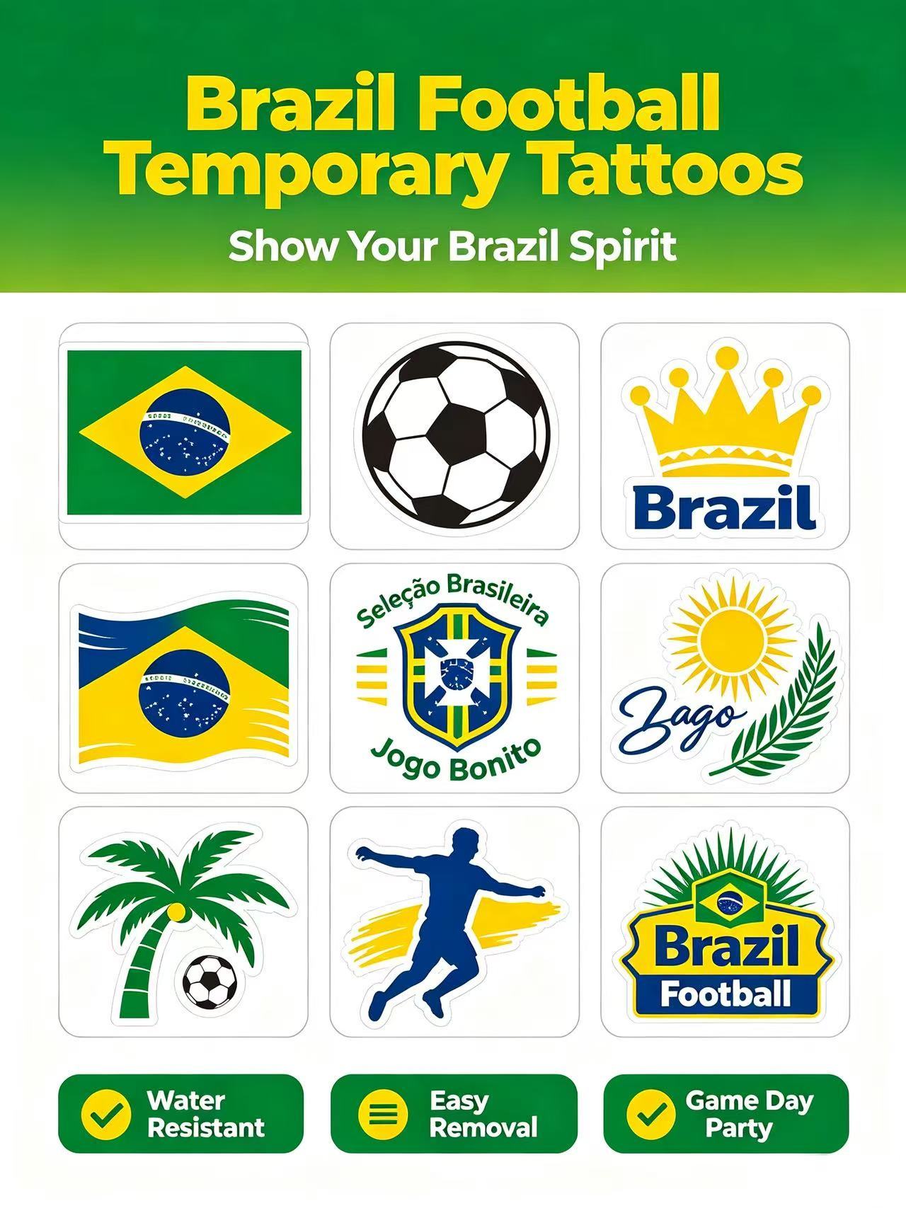 National Team Football Temporary Tattoos, Soccer Fan Face & Body Stickers for Sports Match Viewing Party