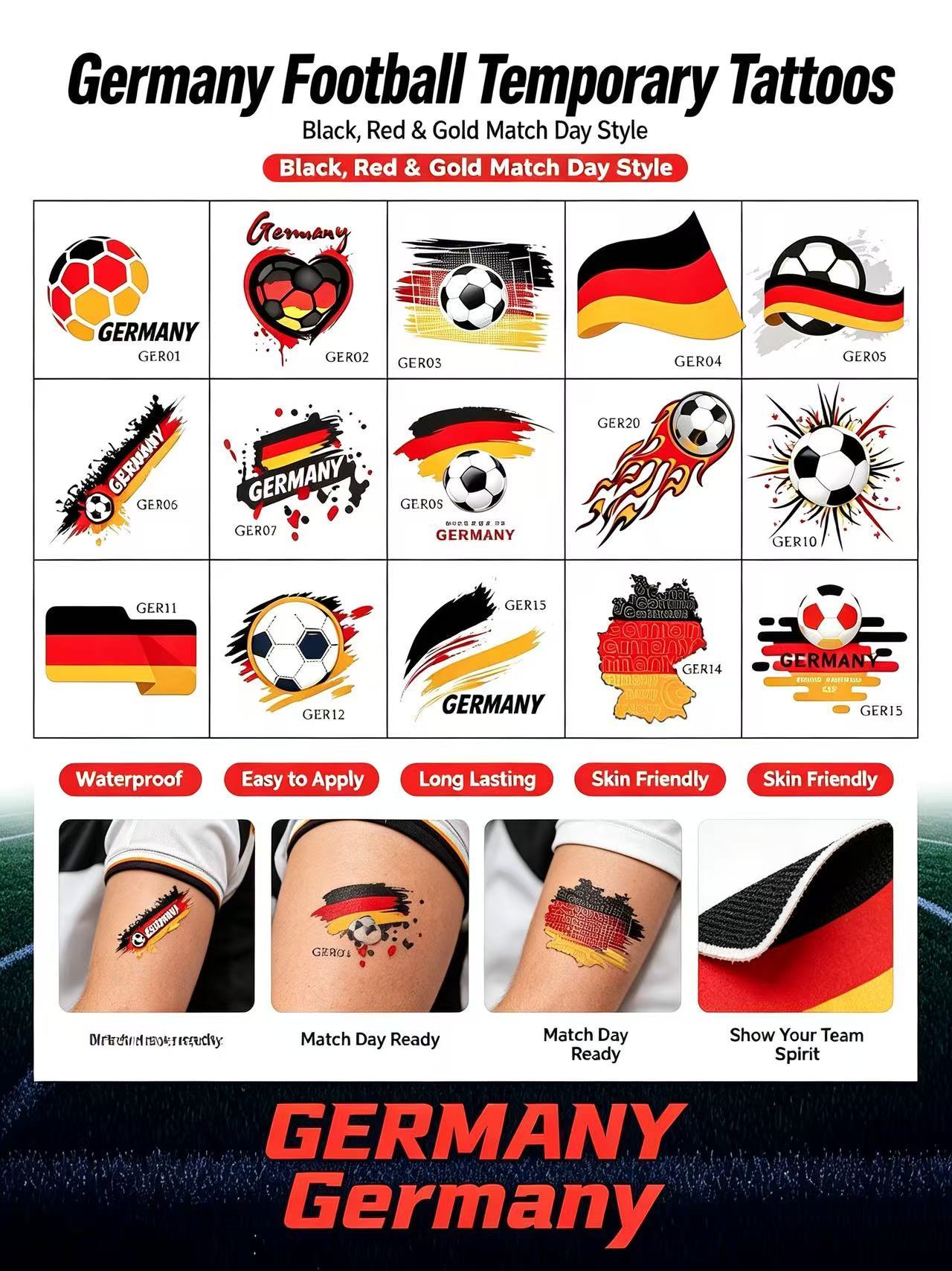 National Team Football Temporary Tattoos, Soccer Fan Face & Body Stickers for Sports Match Viewing Party