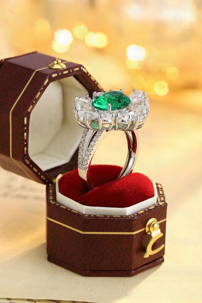 Floral Cluster Lab-Grown Emerald S925 Silver Statement Ring