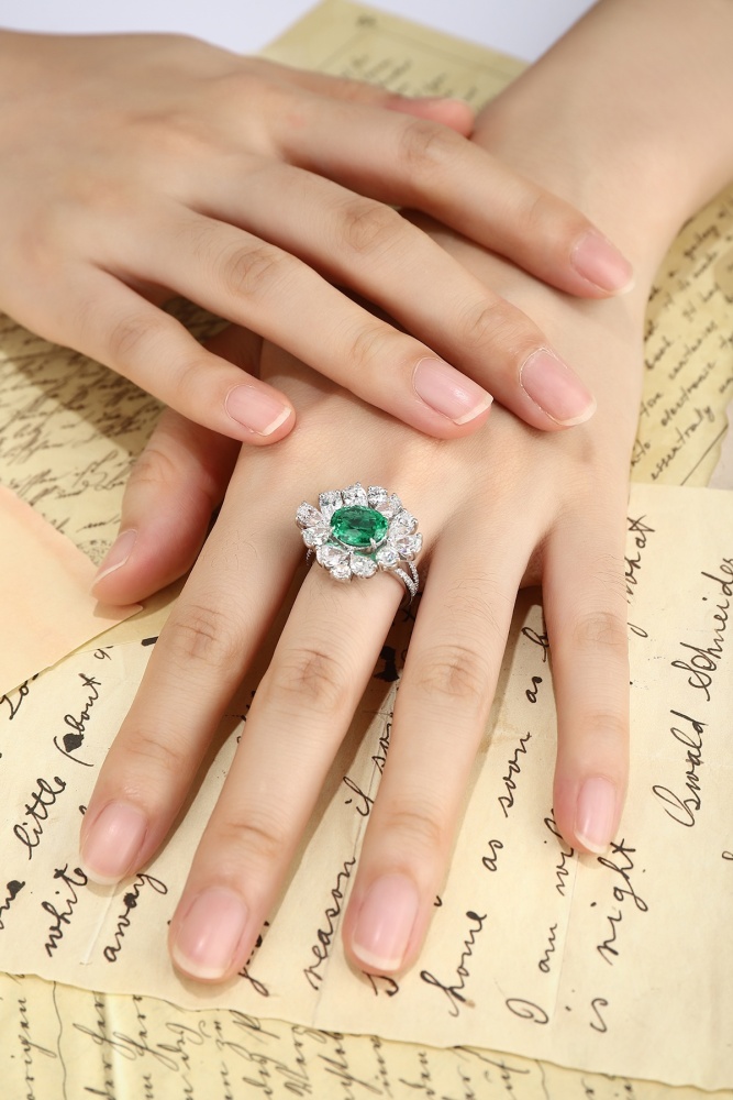 Floral Cluster Lab-Grown Emerald S925 Silver Statement Ring